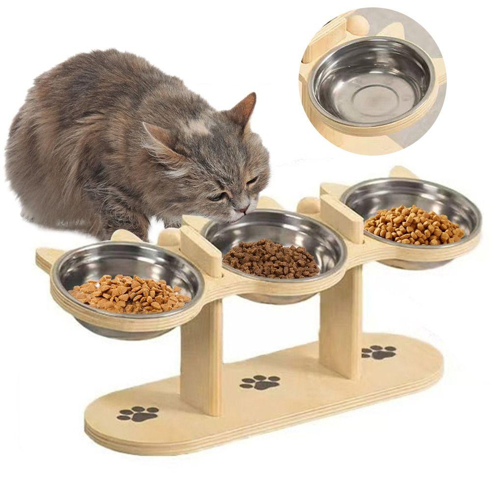 Three Bowl Design High Cat Bowl Stainless Steel Protects Neck Spine Food And Water Plate Lifting Height Pet Feeding Bowl