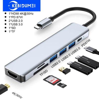 7 In 1 USB C Hub  4K 30Hz HDMI Compatible Adapter PD 87W USB 3.0 Splitter TF/SD Card Reader Type C Docking Station for Phone/PC/Laptop