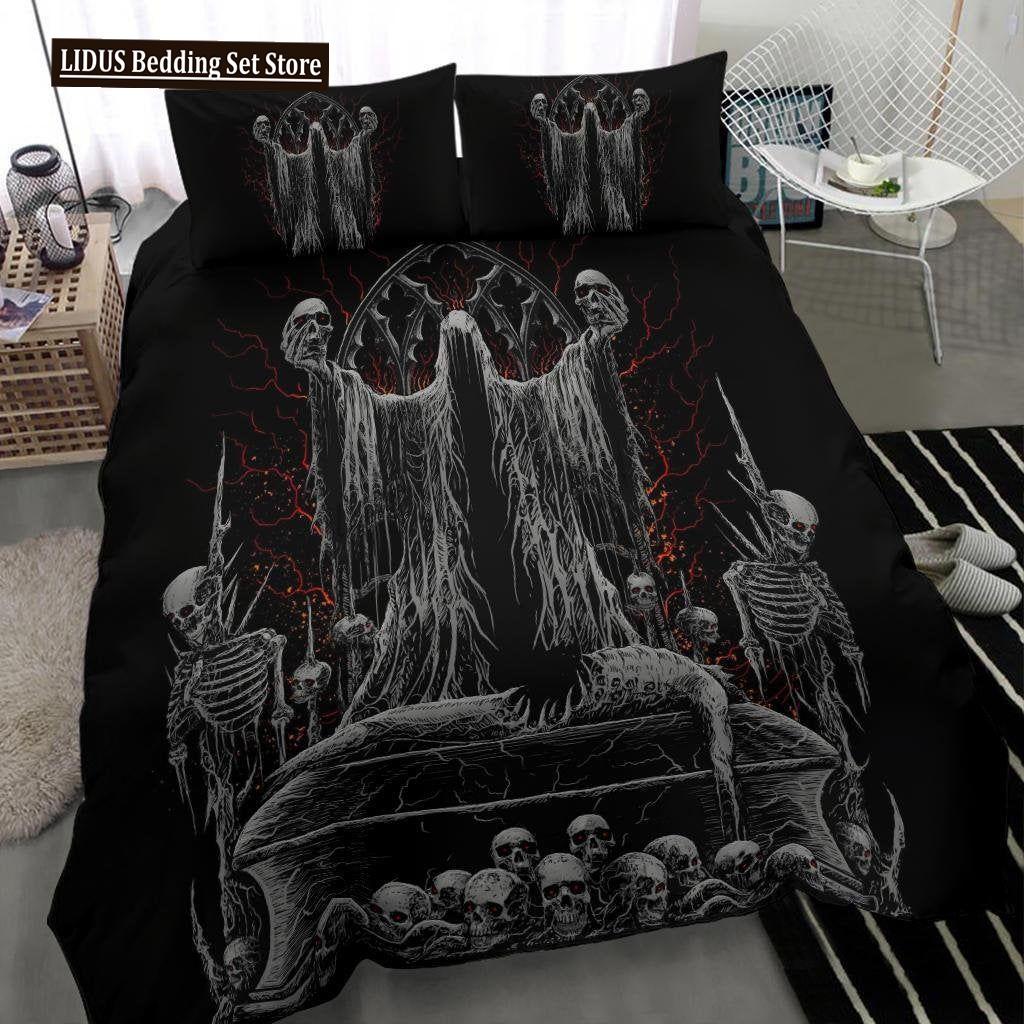 Skull Chevalier Duvet Cover Set King Size Horror Skeleton Bedding Set Day Of The Death Comforter Cover 2/3pcs For Boys Men Gifts
