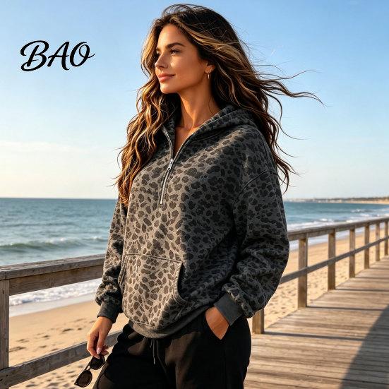Relaxed Fit Pullover Top Women Leopard Print Hoodie, Oversized Half Zip Hooded Sweatshirt with Spring Autumn Kangaroo Pocket, Fall Long Sleeve Casual