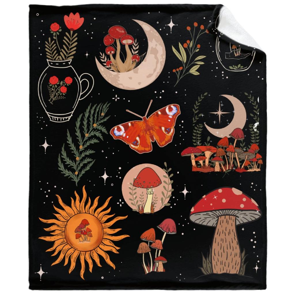 Mushroom Hippie Teppe Moth Gothic Witchy Flanell Teppe for All Season Sun Moon Fuzzy Soft Sofa Kontor Teppe