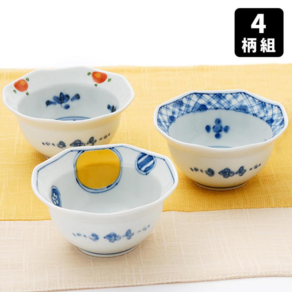 Saikai pottery (Saikaitoki) Small Bowls, Dyed Nishiki Design, Octagonal Small Bowls (Set of 4 Designs) for New Year's
