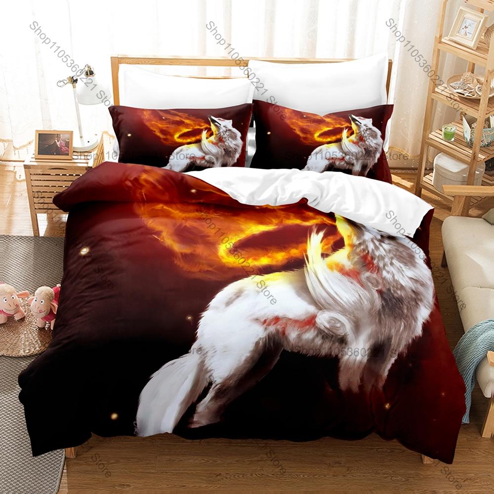 Wolf Majestic Howling Wild Forest Beast Vintage Wildlife Animal Art Bedding Set Duvet Cover + 2 Pillowcases Animal Fan Bedroom