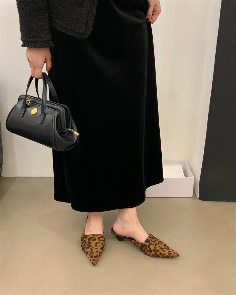 Inside and outside full leather muller shoes special-shaped heel pointed leopard print bag head slippers fashion medium heel half drag lazy drag