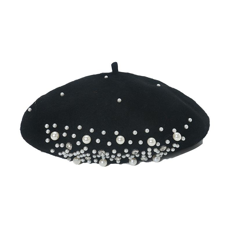 Women Fashion Wool Beret Custom Elegant Girls Beret with Pearl Rivets Wool Beret for Lady
