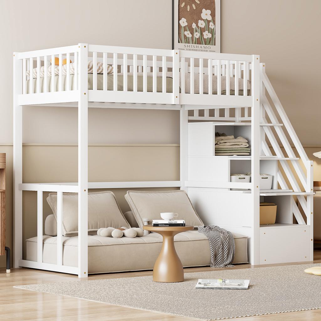 Letto a soppalco 90x200 con scala di sicurezza e contenitore, struttura del letto in legno massello di pino per bambini e adolescenti, bianco