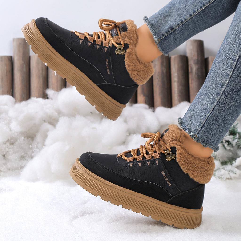 New Winter Snow Boots for Women,Large-sized  Thickened with Fleece Round Toe Lace-up, Anti-slip Cold-proof and Warm Cotton Boots