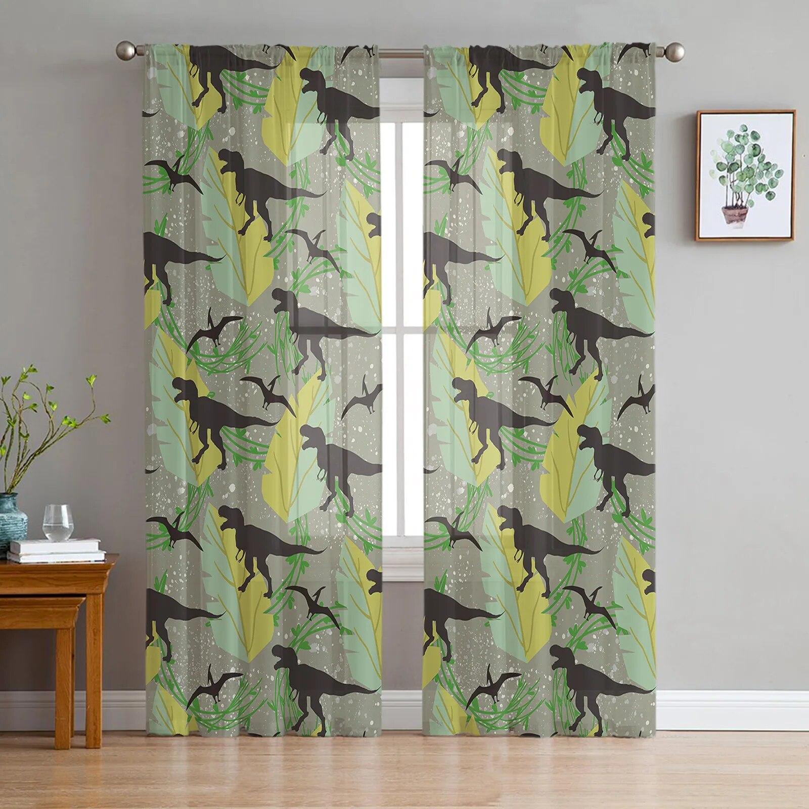 

Молодежные прозрачные шторы для спальни с динозавром, мультяшные цветные кактусы, кухонные шторы для учебы, гостиной, праздничный декор, тюлевые шторы 135W x 114H(cm)