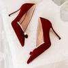 Wedding Shoes Women's White Satin Bow Pearl Bridesmaid Shoes Wine Red Bridal Shoes Women Heels Pumps