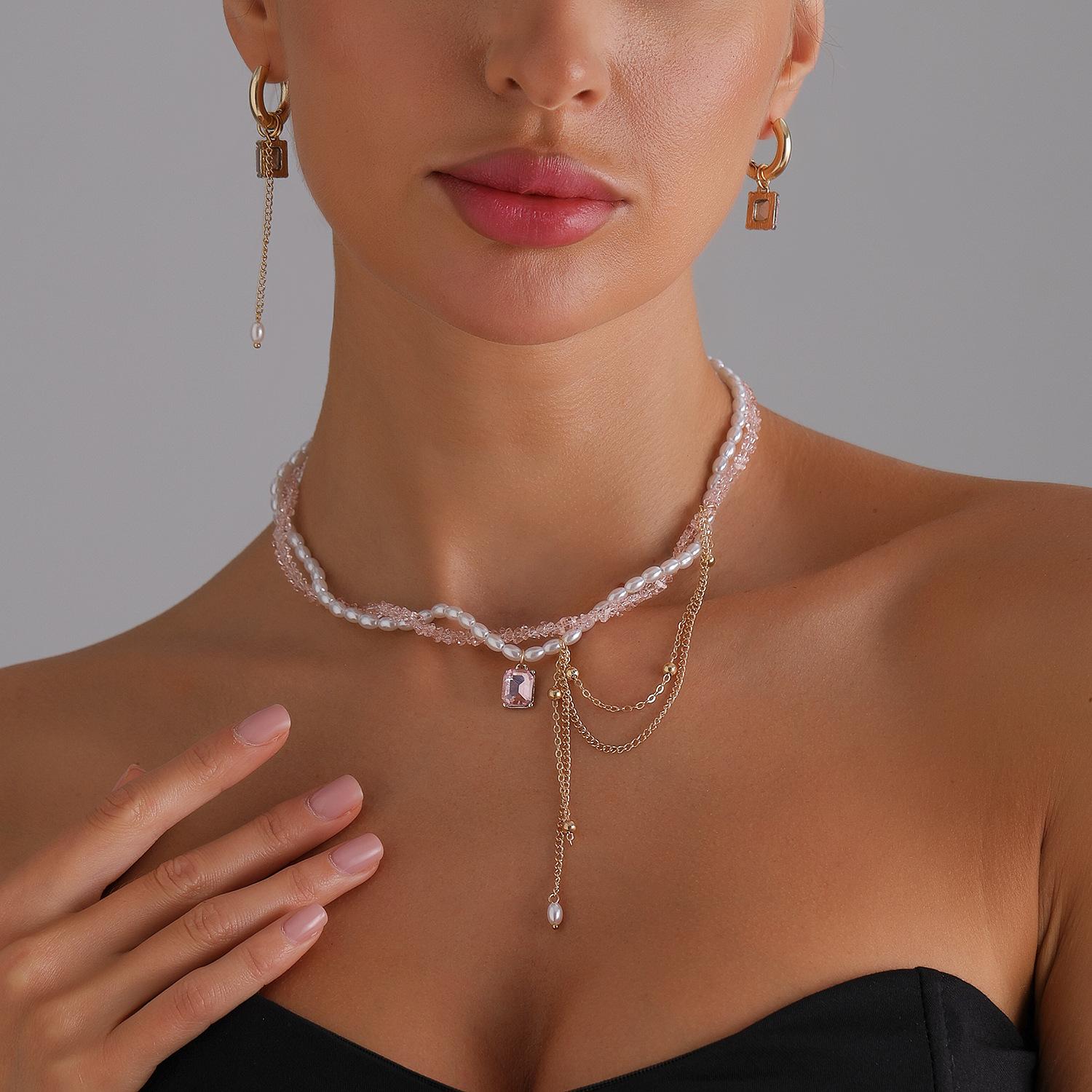 Retro Crystal Bead Gemstone Block Tassel Necklace For Women One Size розовый