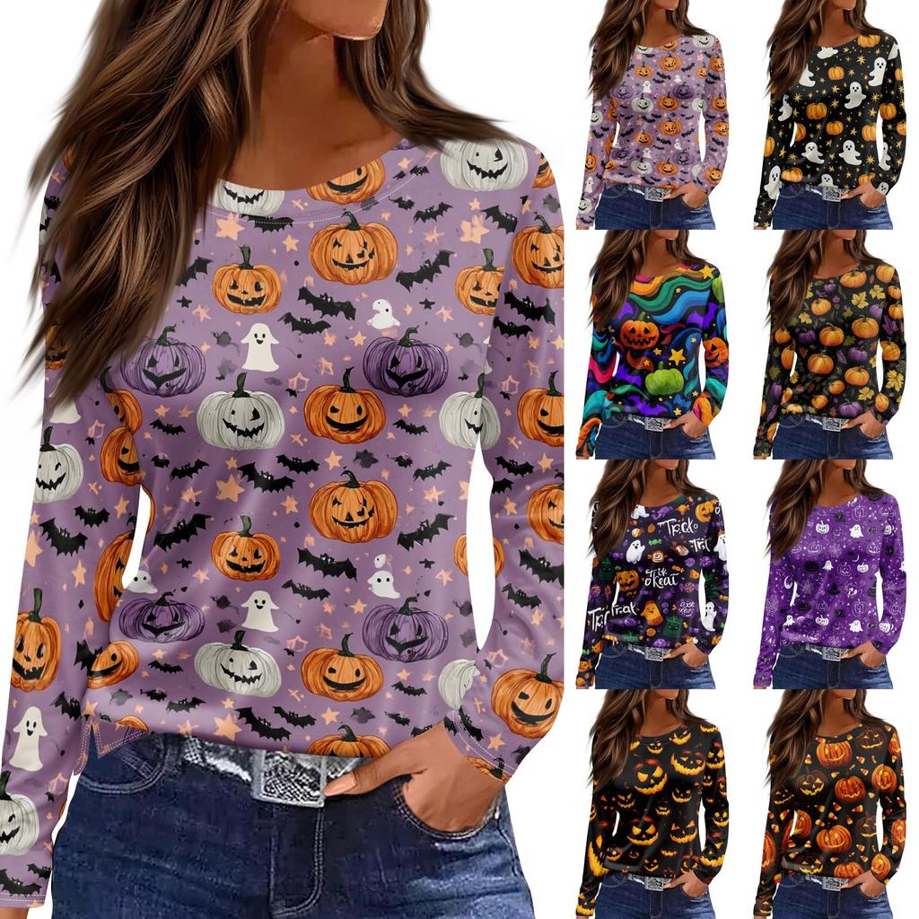 Women's Long Sleeve Halloween Print Top Split Hem Casual Pullover Round Neck Shirt Lightweight Comfortable Fit