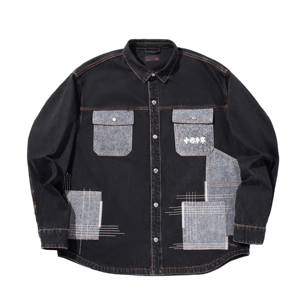 Li Ning Denim Jackets Men's Black Denim Lapel Moderate ASHV133-2