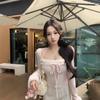 Pure Desire Patchwork Square Neck Halter Long Sleeve Slimming Women's Top - Autumn/Winter.