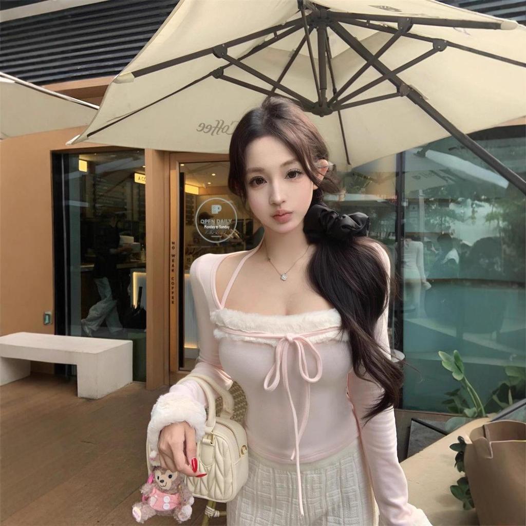 Pure Desire Patchwork Square Neck Halter Long Sleeve Slimming Women's Top - Autumn/Winter.