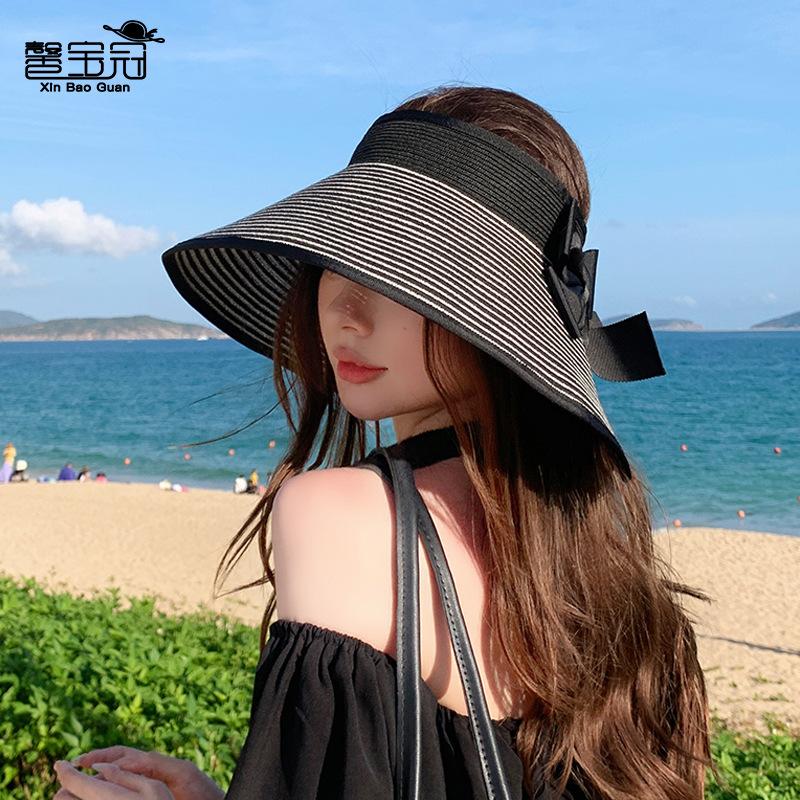 8483 Summer Shade Empty Top Straw Hat Foldable Straw Eaves Sunscreen Hat Women's Fashion Bow Sun Hat