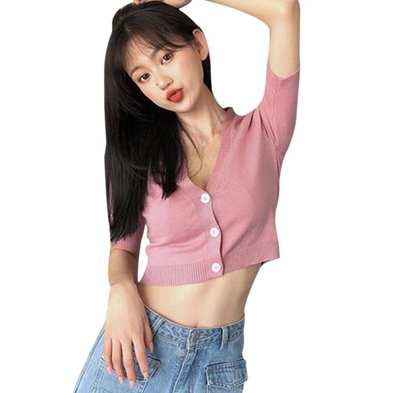 

Женский кардиган с V-образным вырезом, коротким рукавом, рубашка, пуговицы, трикотажные кардиганы, короткие топы One Size