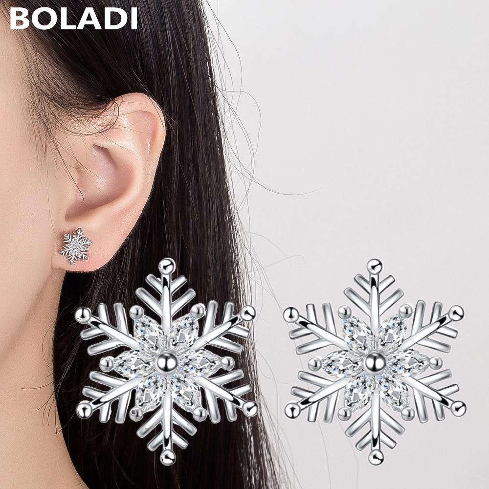 Sterling Silver Snowflake Stud Earrings with Marquise Cut Diamonds – Elegant Women's Christmas Fashion