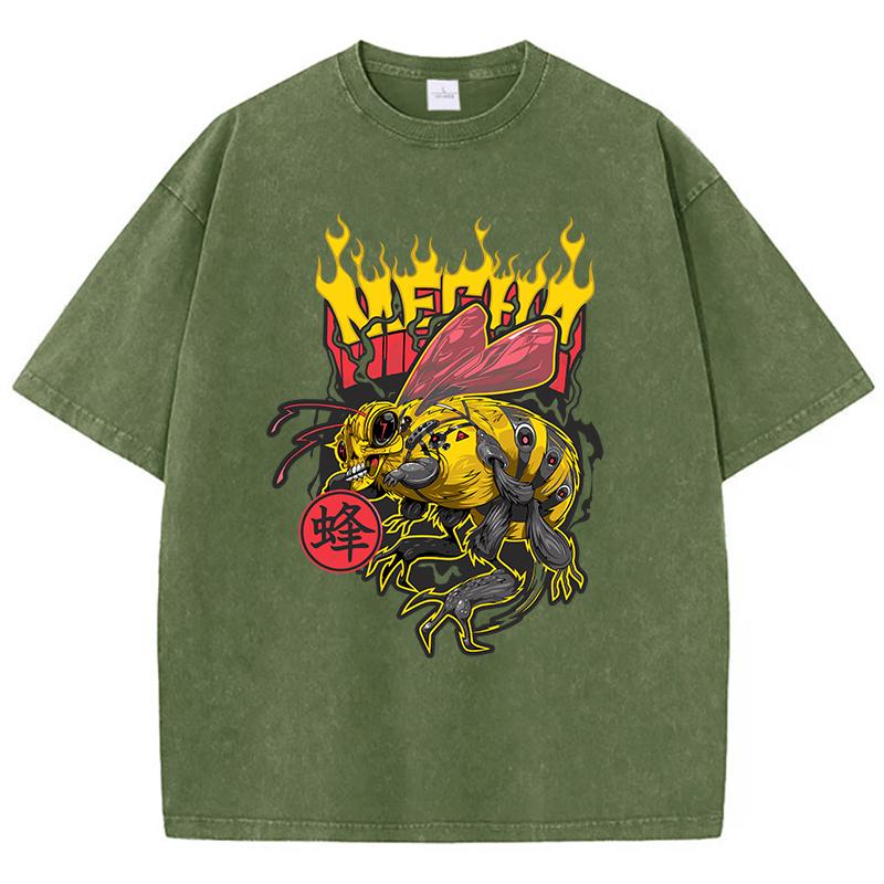 Camisetas Casuais Femininas Estonadas Retrô Manga Estampa de Abelhas Tops Gola Redonda Desgastadas Oversize Algodão Camisetas Roupas de Tendência