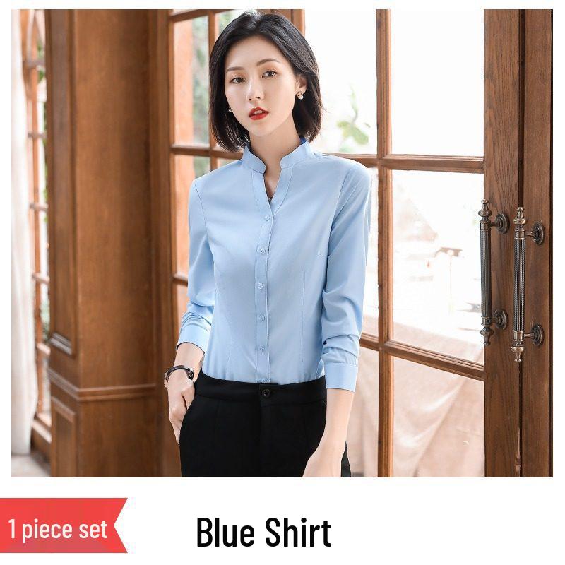 Women's Black Slim-Fit Professional Long-Sleeve Stand-Up Collar Shirt - New 2026 Business Formal Wear