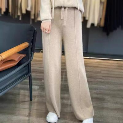 Wool Casual Pants Solid Color Straight Wide Leg Knitting Trousers with Drawstring High Waist Thickened Slacks