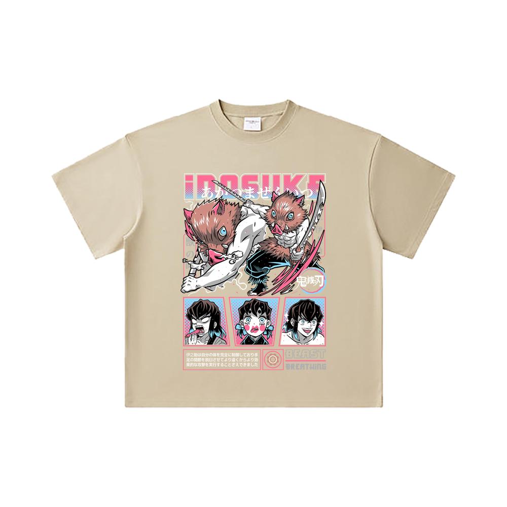 260 GSM Double Yarn 32 Count 100% Cotton Demon Slayer V28 Inosuke Print Unisex Heavy Cotton T Shirt