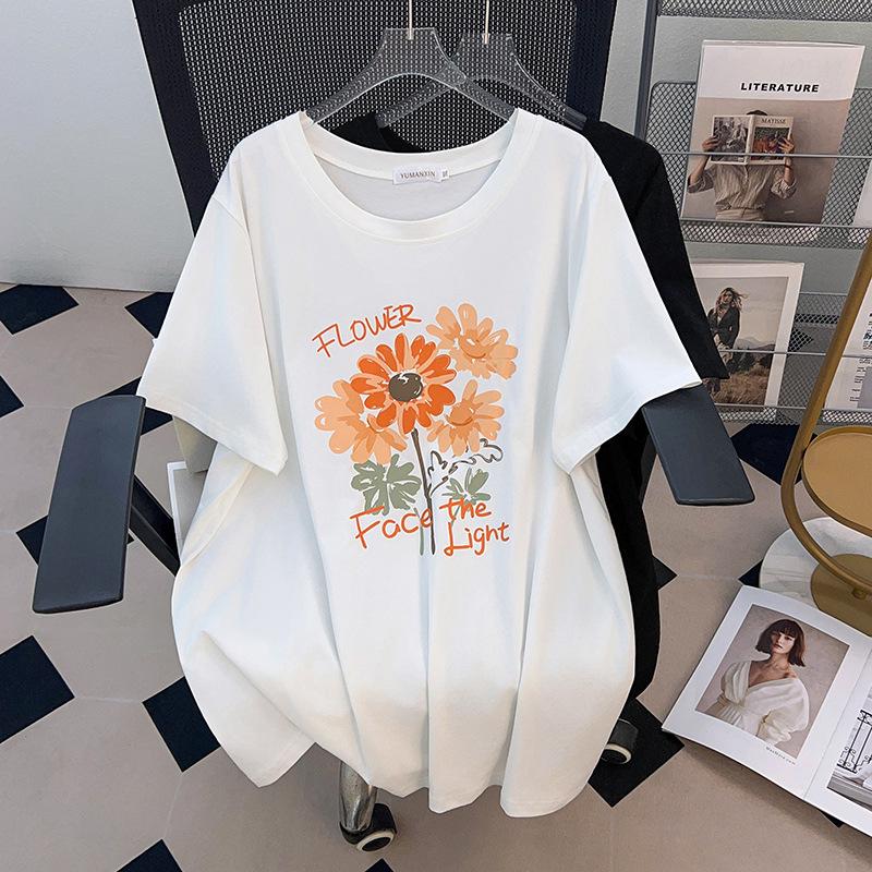 

Женская футболка большого размера, корректирующая фигуру, свободная, с коротким рукавом, средней длины, с круглым вырезом (Прикрывает живот) - Размеры 200/300/350 Цзинь 2XL белый