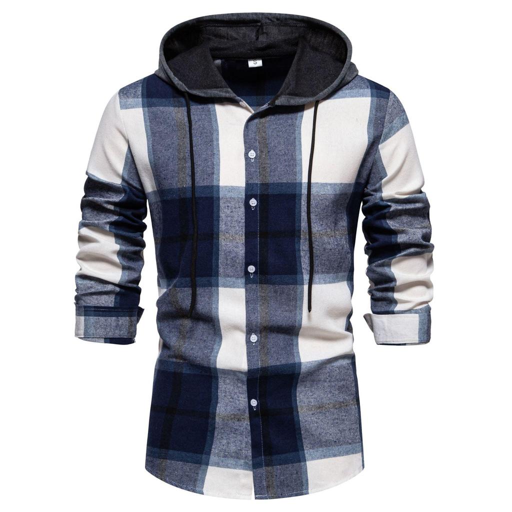 Men's Classic Retro Plaid Shirts Long Sleeve Shirt Jacket with Hood Casual Plaid Shirt for Men Lightweight Work Shirts