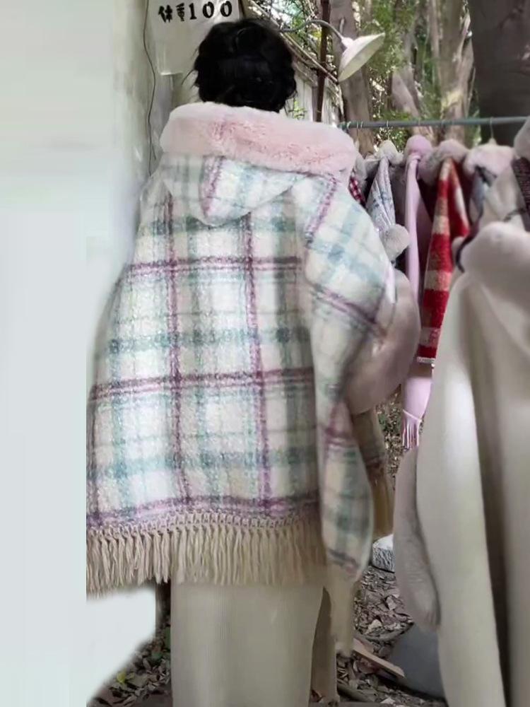 Large Size Rabbit Fur Collar Hooded Fleece Thickened Plaid Cape Shawl Medium And Long Granular Fleece Coat 1185 #