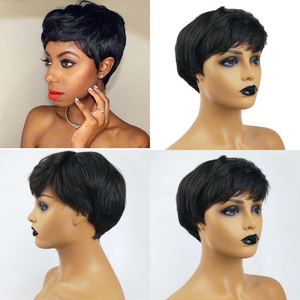 Elegant Pixie Cut Synthetic Wigs Short Hair Straight Black Wigs With Bangs For Women