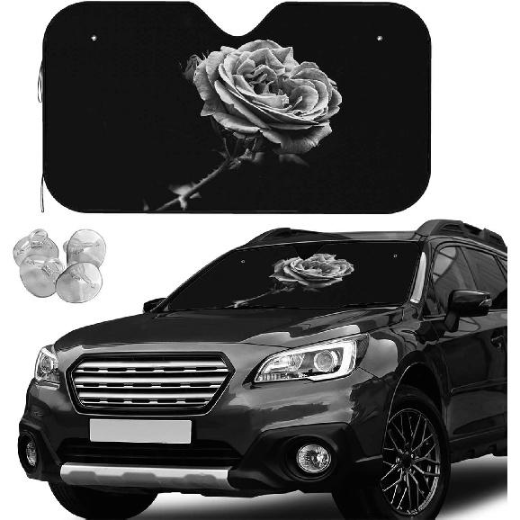 Black And White Flower Windshield Sun Shade Car Front Window Shades For Car Accessories Sun Heat UV Rays Visor For Universal Cars SUV Truck 51 X 27.5