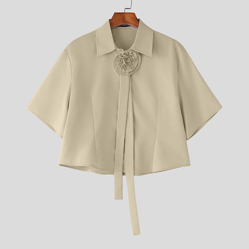 INCERUN Men Cropped Shirts Casual Loose Flower Tie Neck Short Tops