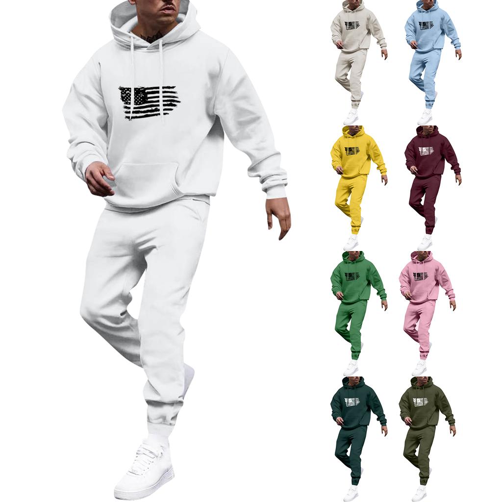 Men's Solid Color Flag Print Hooded Universal Versatile Hooded Sweatshirt Sweatpants Casual Sports Suit