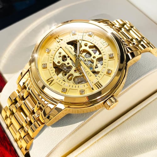 OLEVS Men's Automatic Watch Stylish Mechanical Arm Watch Popular Business Luminous Waterproof Fashion Skeleton Watch for Men Gift Present Gold Gold