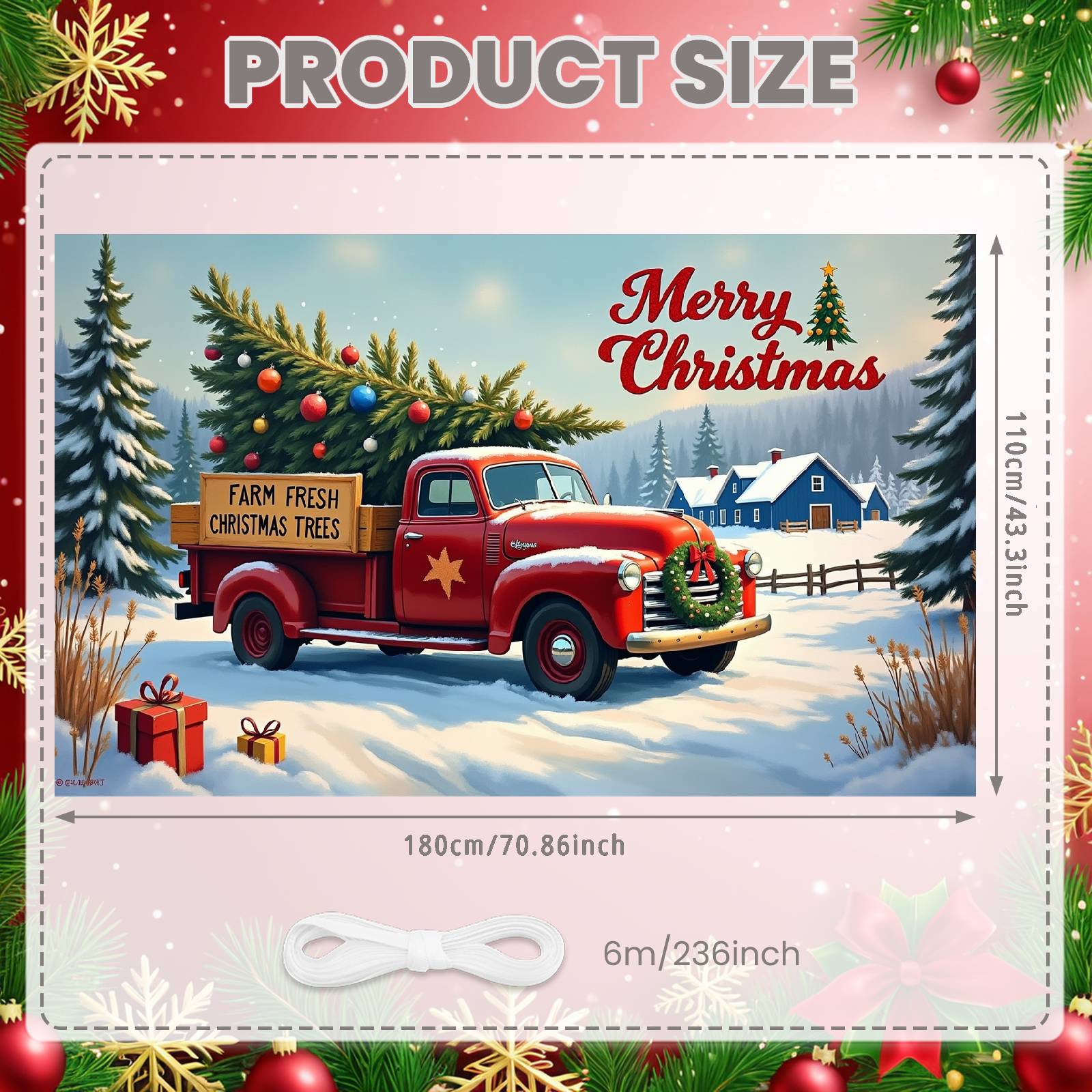 Christmas Tree Banner Green Pine Trees Christmas Decor Banner Farm Christmas Banner Vintage Truck