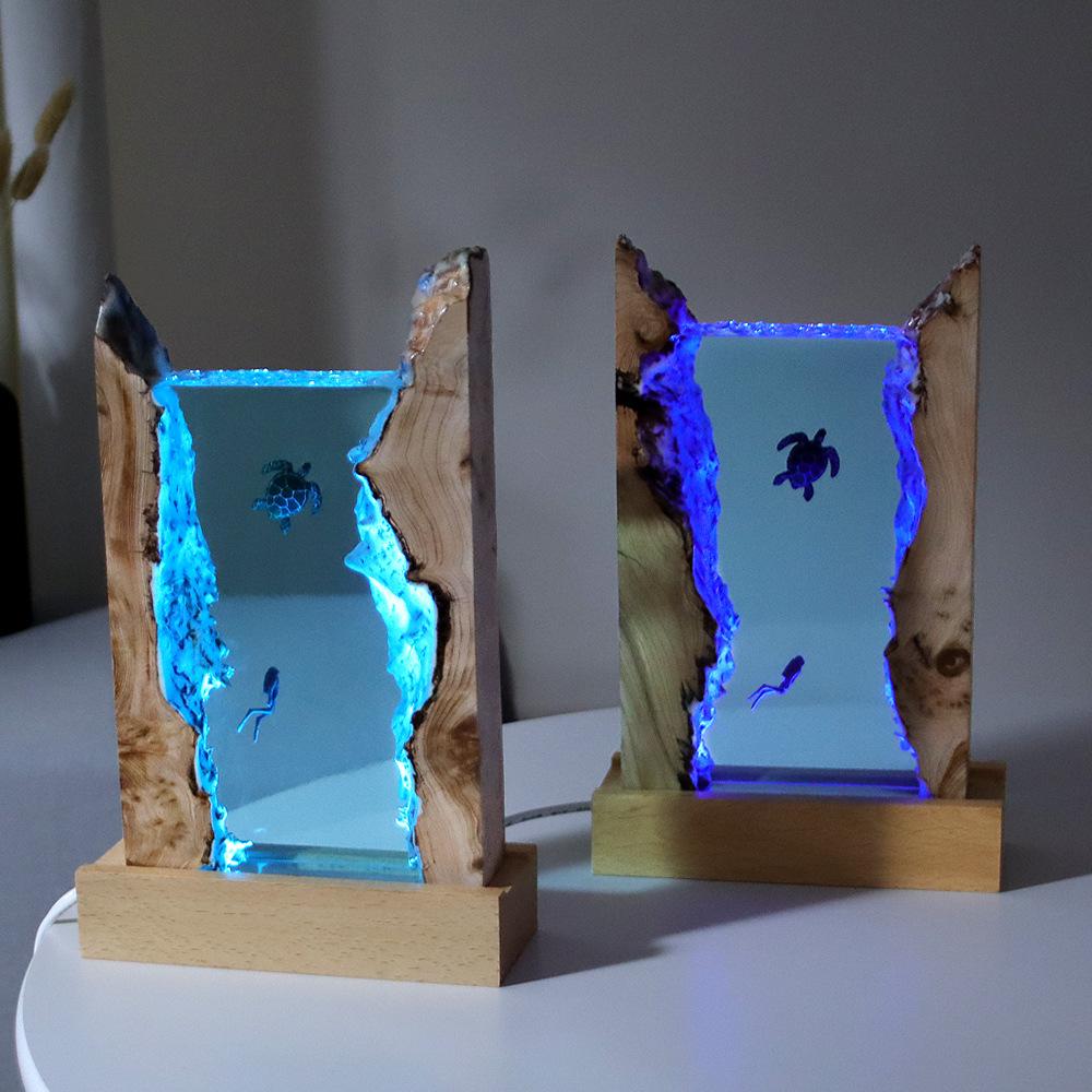 Handmade Solid Wood & Resin Sea Turtle Cube Night Light, Ocean Animal Desk Lamp, Bedroom Office Home Decor Art Craft Gift