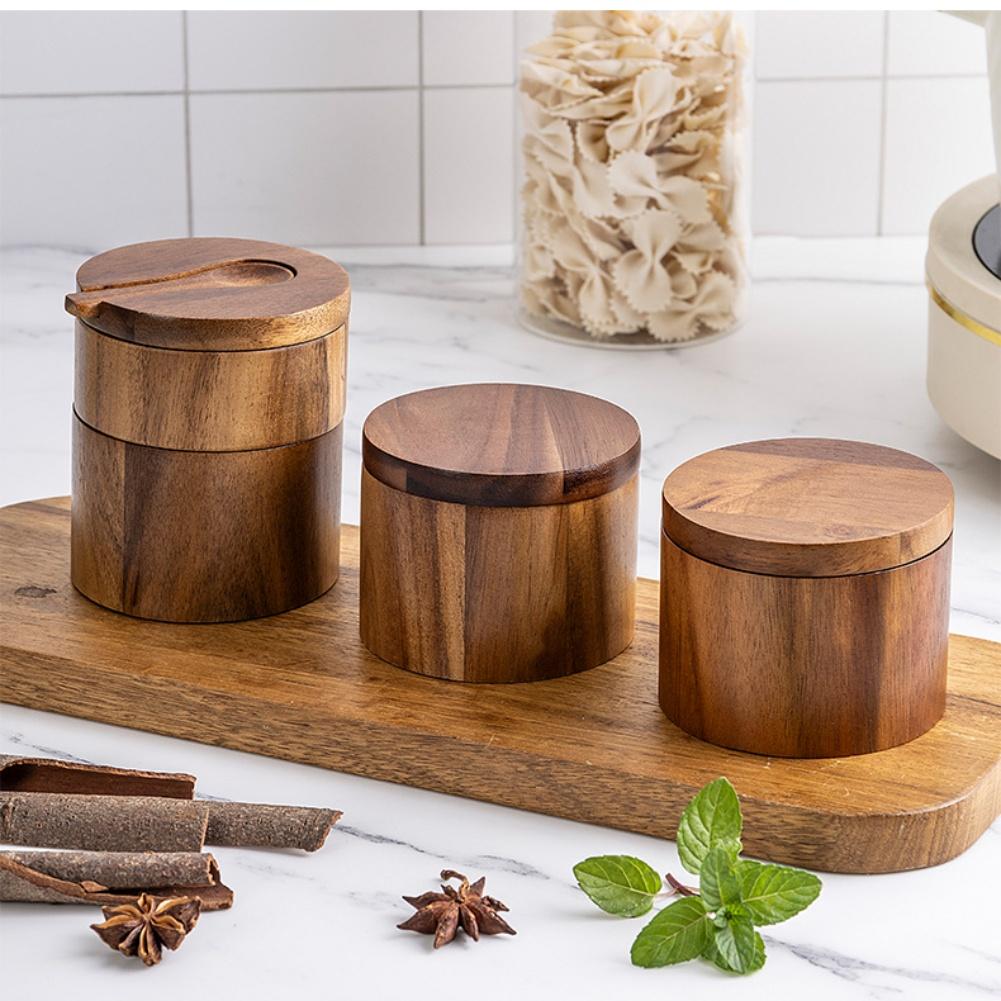 1PCS Acacia Wood Salt Shaker Spice Container Built-in Spoon Slot Condiment Box Kitchen Storage Modern Magnetic Lid Tool