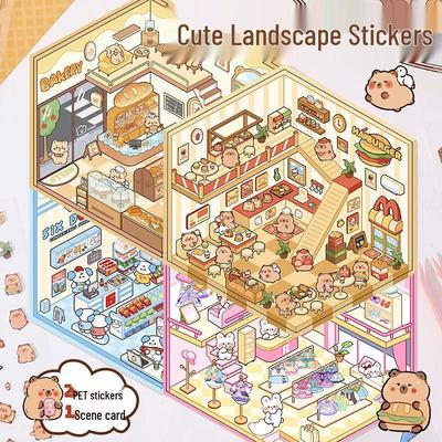 3D Capybara und Welpen Cartoon Landschaftsaufkleber für DIY Journale und Quiet Books