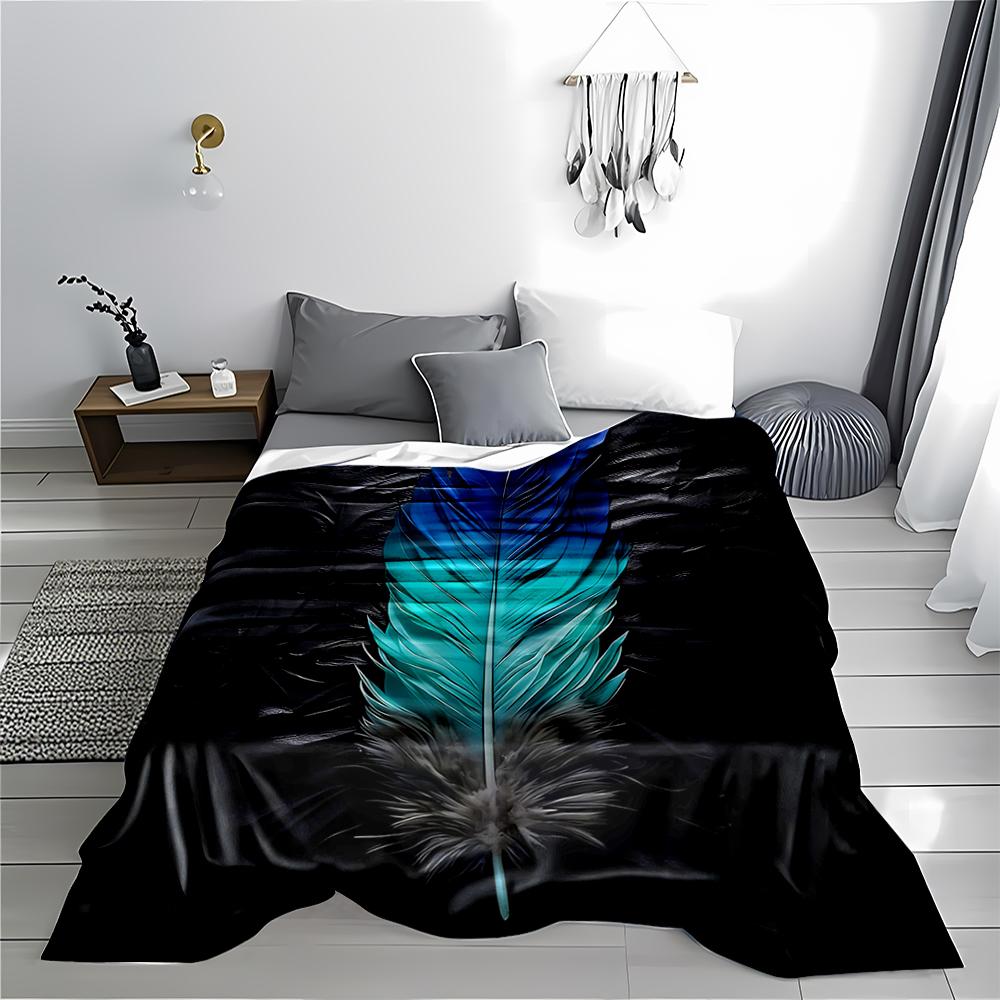 Gradient Blue Feather Pattern blanket with Black Background Style. blanket, suitable for use in the bedroom, living room, on the sofa