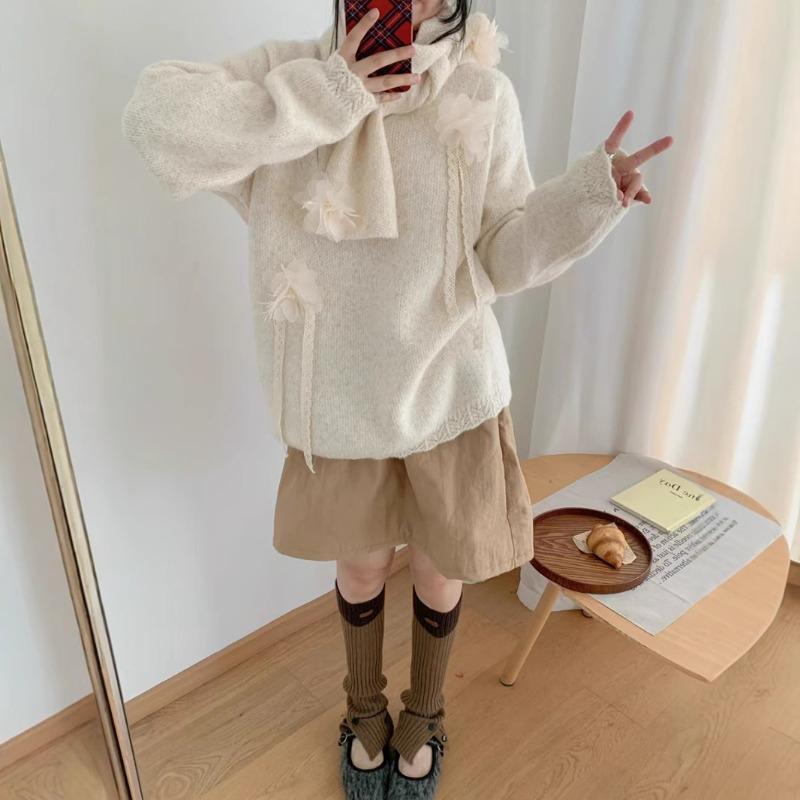 Autumn and winter new loose design scarf knitted sweater top soft waxy flower sweater pullover woman
