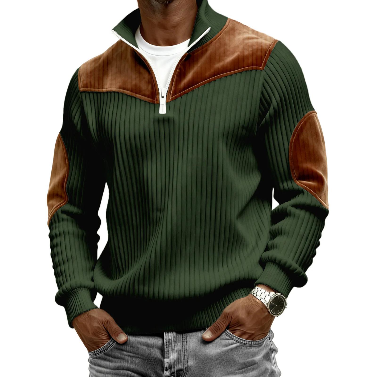 Men s Retro Half-zip Patchwork Pullover L