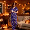 Women's Halloween Print Scrub Set, V Neck Short Sleeve with Pockets and Pants, 2 Piece Uniform