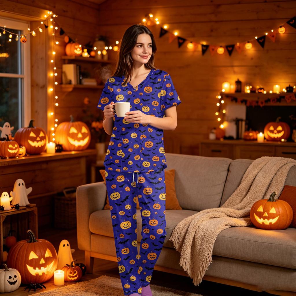 Women's Halloween Print Scrub Set, V Neck Short Sleeve with Pockets and Pants, 2 Piece Uniform