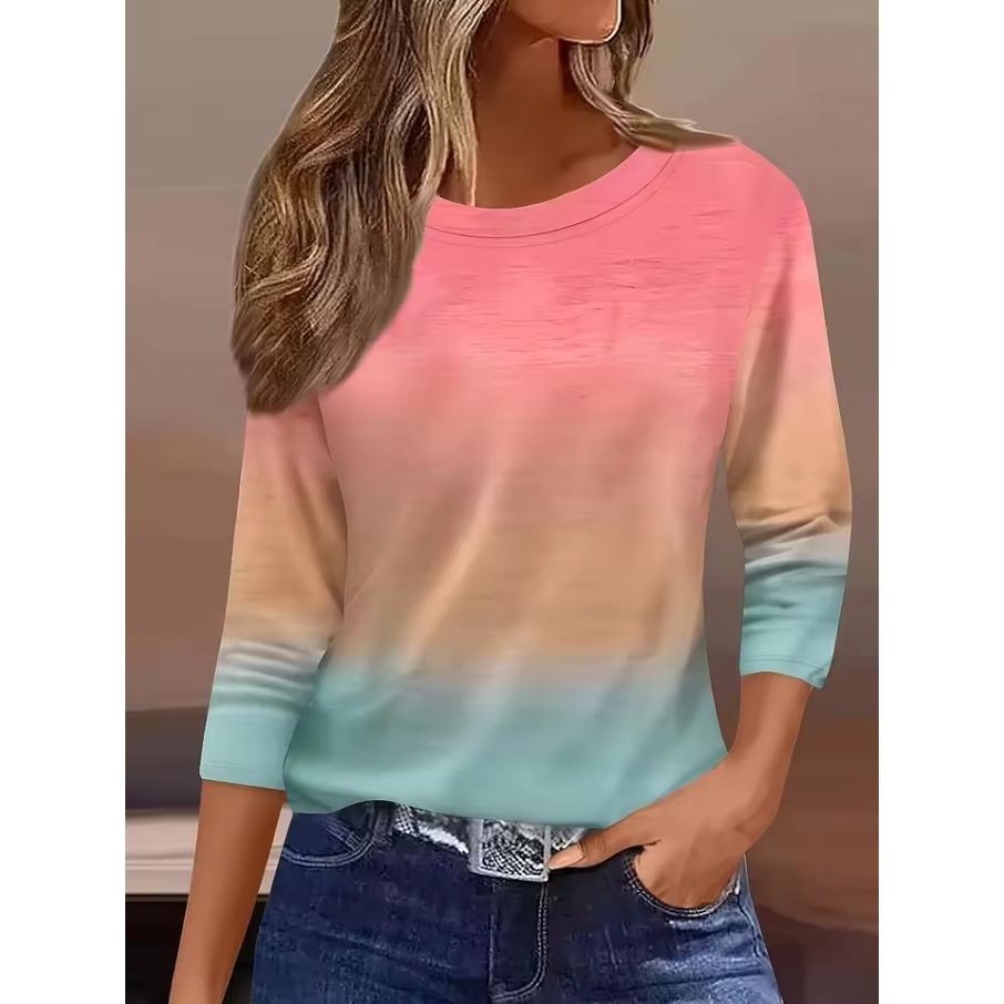 Women's 3D Printed Gradient Printed T-shirt Fashion Long Sleeve Round Neck Regular Tops Holiday Weekend Spring and Autumn
