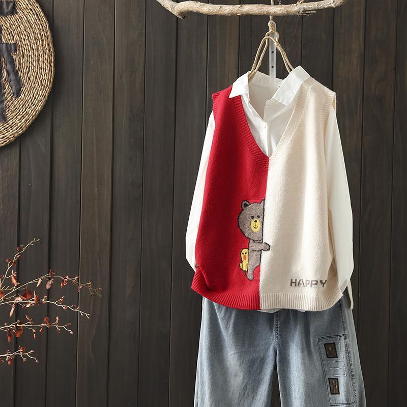 

Весенне-осенний новый простой вязаный жилет в тон, женский свободный вязаный свитер с диким v-образным вырезом и мультяшным узором One Size красный