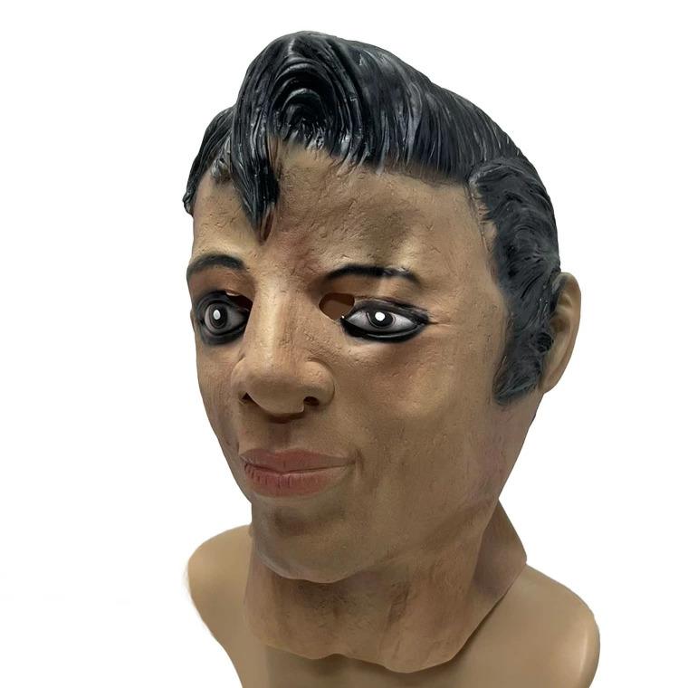 Young black man funny latex mask masquerade prank face hood