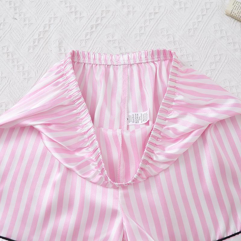 Women's Pinstripe Satin Pajama Set: Short Sleeve Cardigan & Elastic Waistband Shorts