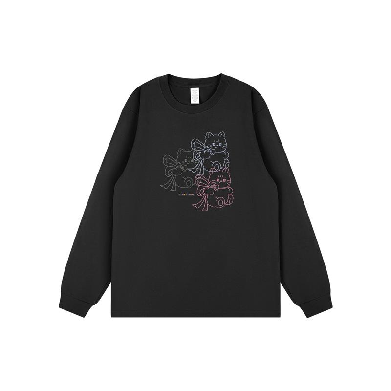 

2024 Trendy Korean Style Cartoon Cat Long Sleeve Cotton T-Shirt XXL