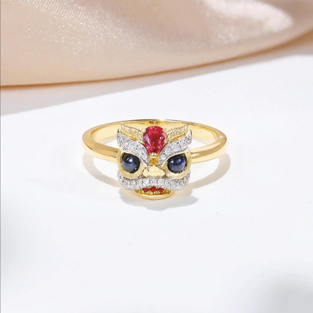 Guochao Schmuck Löwentanz Set Schwerindustrie Leichter Luxus Ring Löwe zum Laufen Farbe Schatz Armband Ohrringe Anhänger Halskette