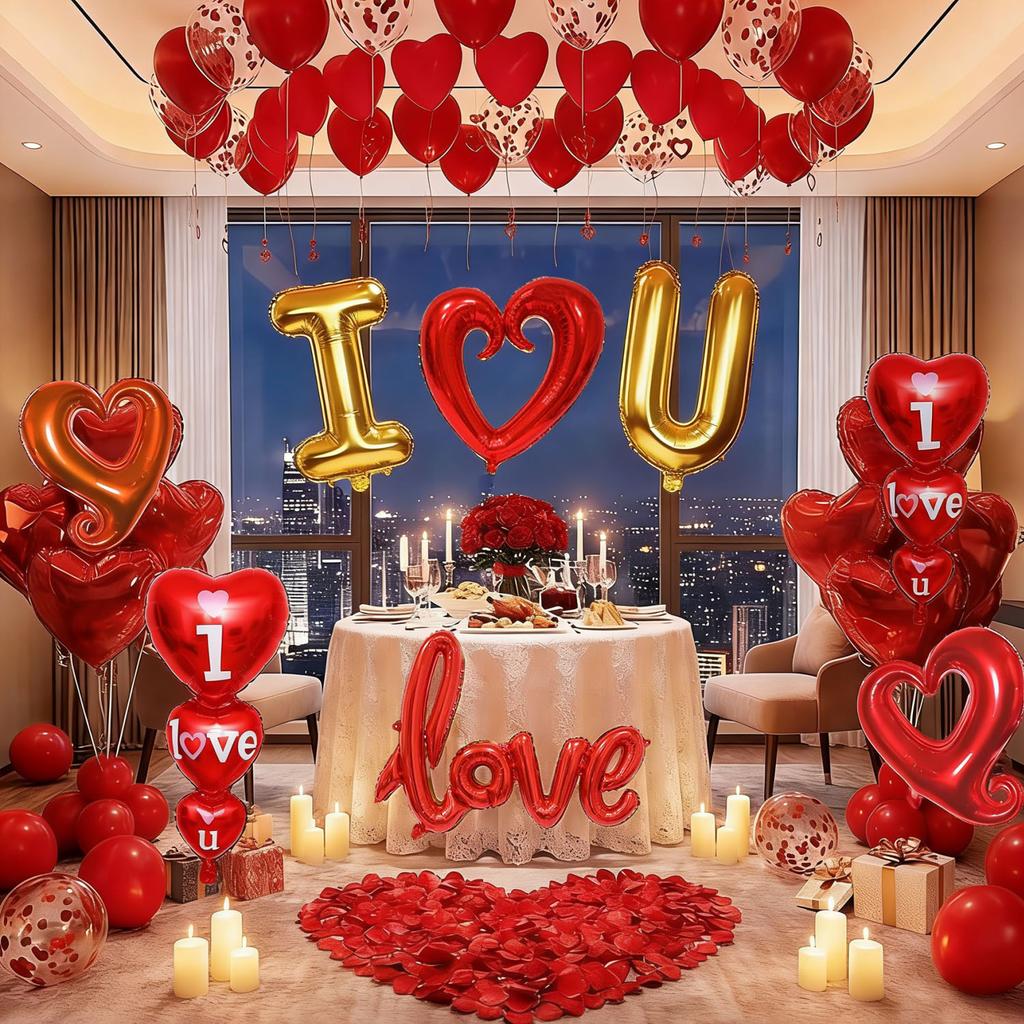 Valentine's Day Balloon Set Red Heart Balloon Simulation Petals for Valentine's Day Proposal Wedding Romantic Decor