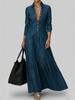 Retro-Jeans-Look Hemdblusenkleid - Damen Herbst Schlankmachender Schnitt mit Taillengürtel und Weitem Saum